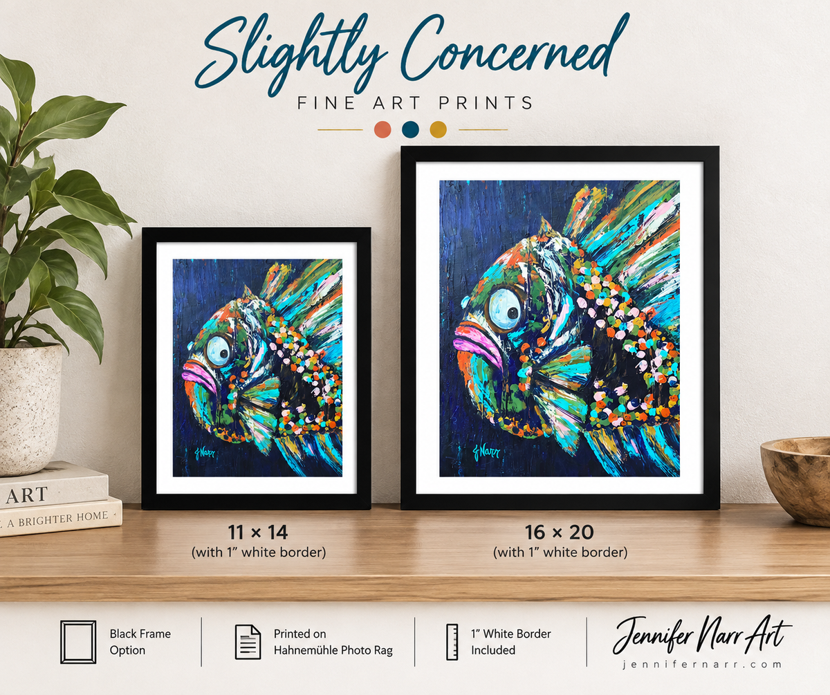 Slightly Concerned quirky fish artwork featuring bold colors and expressive texture