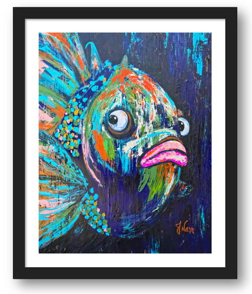 Slightly Unbothered fish wall art in a black frame